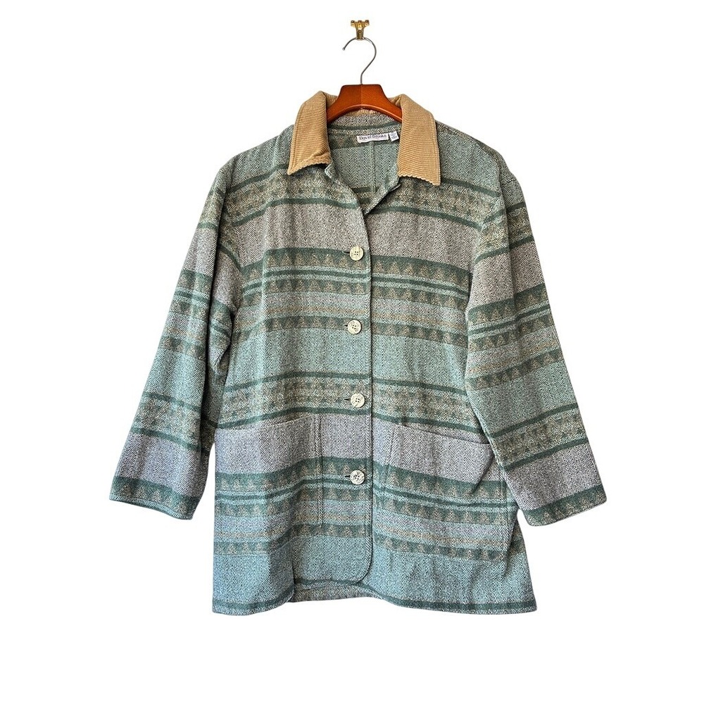 David Brooks Vintage Southwestern Wool Herringbone Barn Coat Sage Green Medium